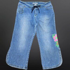 Vintage 90s Y2K Denim Capri Pants Jeans Embroidered Flowers Size 11 Fairy Boho